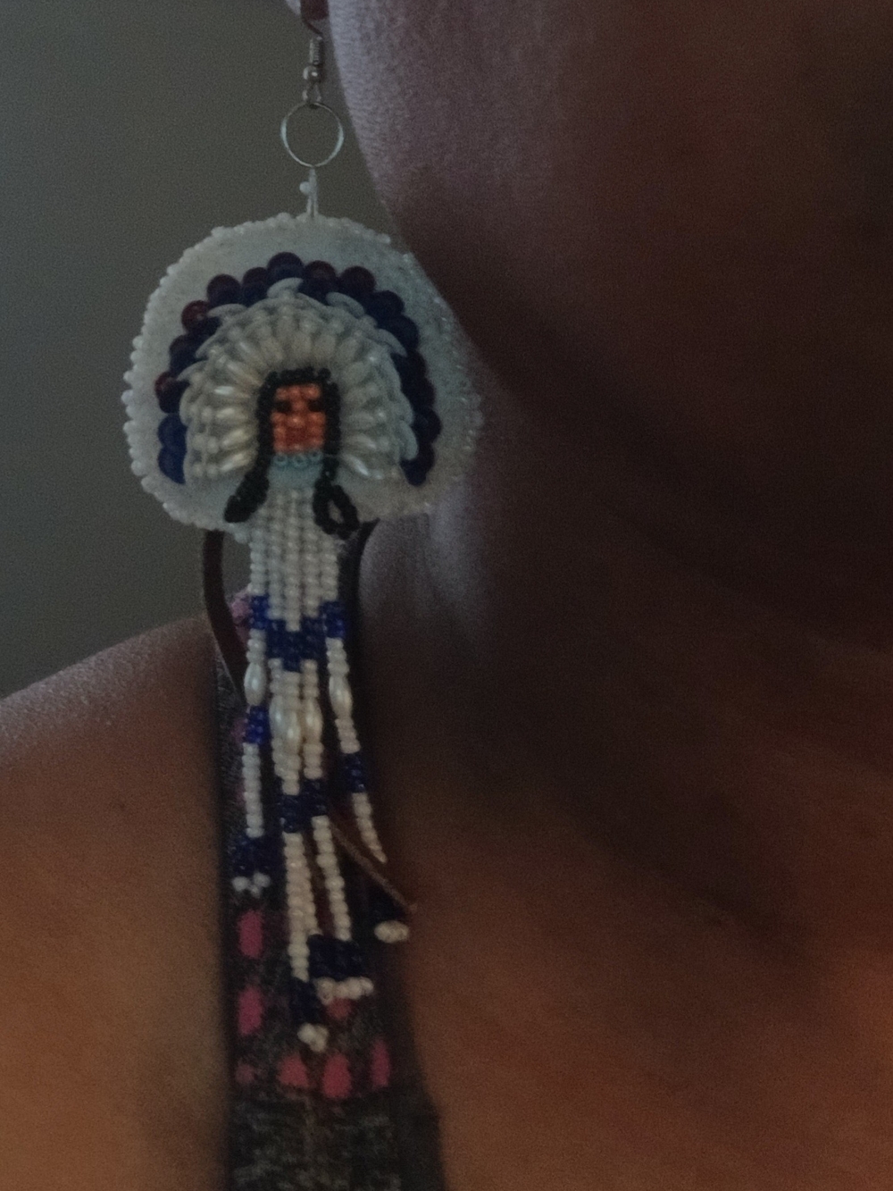 Handcrafted Vintage Native American Beaded Cream and Blue Fringe Earrings - Picture 3 of 3